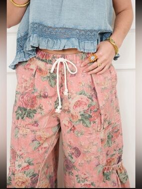 Freckled Poppy Pink Floral Drawstring Wide-Leg Pants